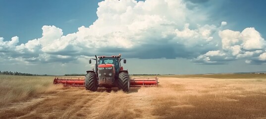 Red Tractor Harvesting Golden Wheat Field Under Dramatic Summer Sky, Agricultural Landscape.
