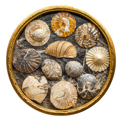 isolated golden round banner with gold frame and fossil stones inside