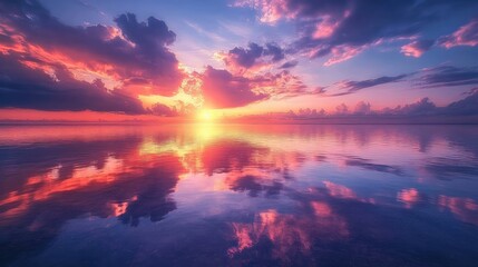 Fototapeta premium Stunning Sunset Reflection in Calm Water with Dramatic Cloudscape - High-Resolution Nature Photography for Tranquil and Majestic Themes