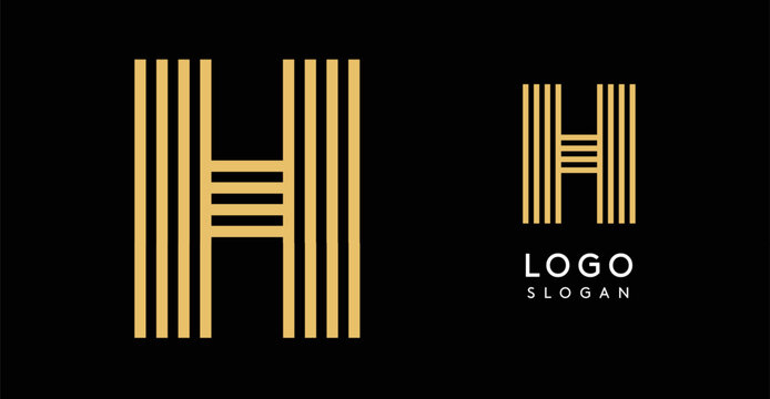 Geometric golden letter H, four parallel lines forming a modern and minimalistic logo design. Elegance luxury logotype for premium branding and corporate identity. Vector illustration.