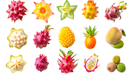 Set of exotic fruits like dragon fruit, lychee, and starfruit, with vibrant and unique shapes, isolated on white, cut out