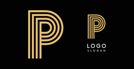 stylized golden letter P composed of concentric lines creating an elegant geometric logo on a black background