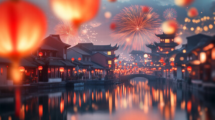 Obraz premium A festive cityscape with red lanterns and fireworks reflecting in the water.