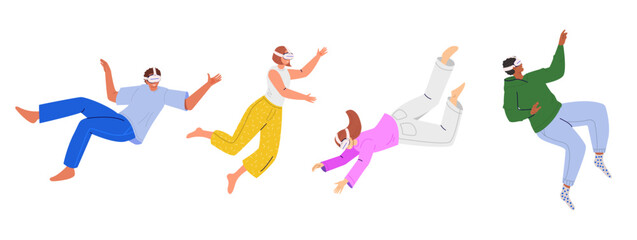 People wearing virtual reality glasses, immersed in a dynamic virtual world or metaverse. Future technology modern innovations. Set of flat vector illustration