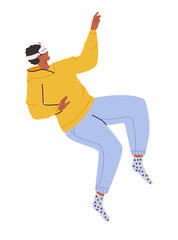 Man wearing virtual reality glasses, immersed in a dynamic virtual world or metaverse. Future technology modern innovations. Flat vector illustration