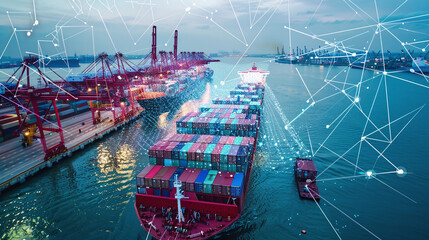 A cargo ship navigates through busy port waters at dusk, surrounded by cranes and shipping containers, showcasing advanced shipping technology and logistics operations