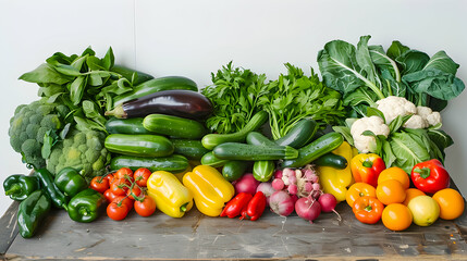 A diverse collection of fresh vegetables, including broccoli, zucchini, and bell peppers on a rustic wooden table.