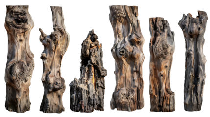 Set of old, knotted tree trunks with deep grooves and cracks, isolated on white, highly detailed 
