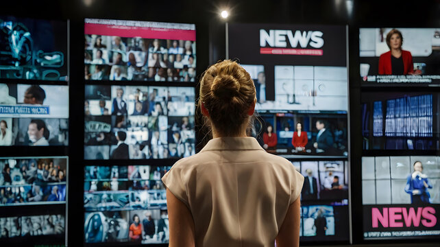 Mujer en el pasillo mirando varias pantallas que muestran la palabra Noticias
