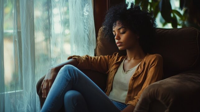 dimly lit room woman antisocial personality disorder sits couch deep thought surrounded stillness her closed home.