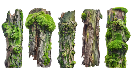 Set of moss-covered tree trunks with vibrant green patches and rough textures, isolated on white, cut out