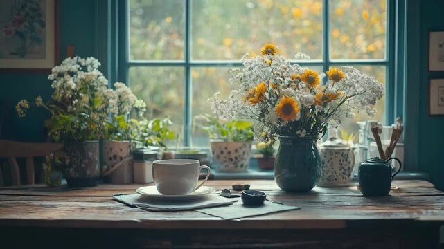 Steaming tea cup with sunflowers and baby breath bouquet for lifestyle content. Morning window light. Visual material for cozy moments