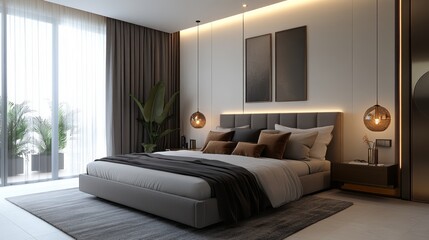 Modern Minimalist Bedroom Interior Design with Grey and Brown Accents