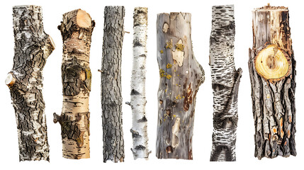 Set of rustic tree trunks with natural bark textures and different diameters, isolated on white, cut out