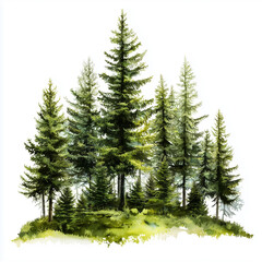 Pine trees on white background. Watercolor illustration