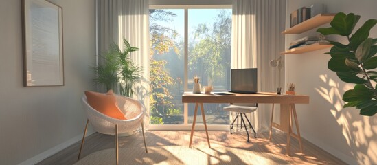 Obraz premium A bright and airy home office with a large window overlooking a green garden. The desk is made of wood and has a laptop, a plant.