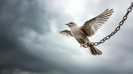 Fototapeta premium bird with chain attached to its leg is flying freely against dramatic cloudy sky, symbolizing hope and freedom despite constraints