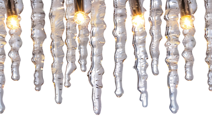 Crystal-clear icicles hanging in a row with light shining through, isolated on white