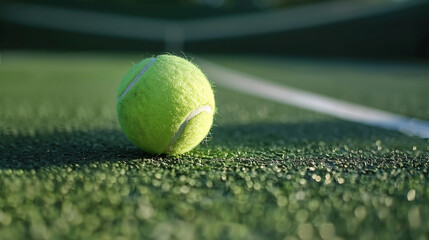 A vibrant green tennis ball rests on the court surface under natural light during a game, showing the textured details of the ground and ball
