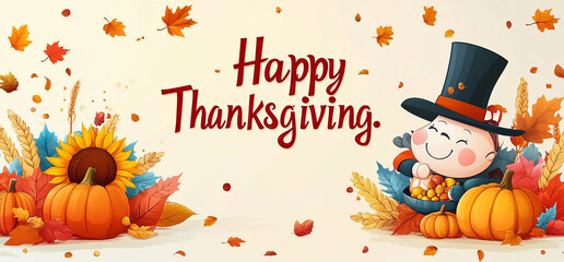 A cartoon illustration of a happy pilgrim holding a basket of corn and surrounded by fall foliage with a text overlay that says Happy Thanksgiving