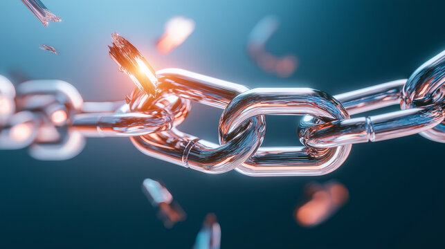 A broken iron chain with pieces of floating metal and sparks around it falls down