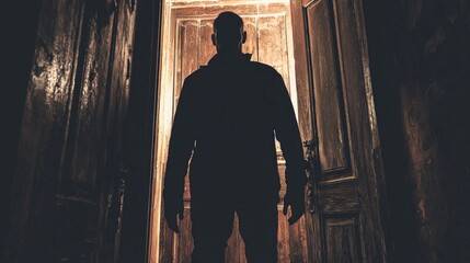 chilling Halloween night sinister man stands ominously wooden door knocking persistently. atmosphere thick dread and anticipation heightening eerie experience.