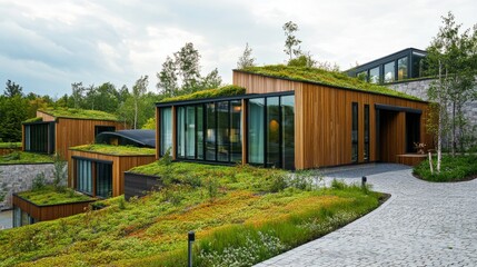 Obraz premium Greenroofed wood and glass complexes in 169 aspect ratio