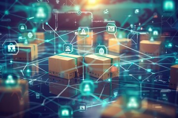 Cardboard boxes connected by digital network of glowing lines and icons