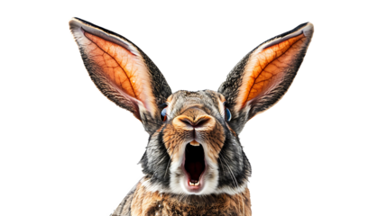 hocked and disappointed rabbit, ears raised and open mouth, hilarious expression, isolated on white, cut out
