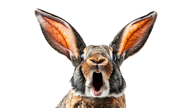 hocked and disappointed rabbit, ears raised and open mouth, hilarious expression, isolated on white, cut out