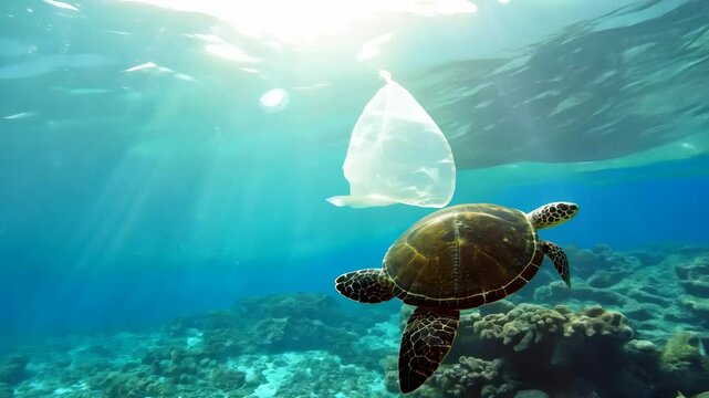 Sea turtle swimming near plastic bag, symbolizing pollution impact on wildlife