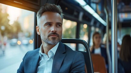 businessman dressed smart suit sits quietly bus traveling work busy morning commute. bustling city can be seen windows.