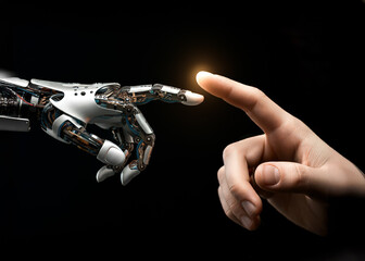 Naklejka premium Robots hand reaches out to humans hand, fingers extended to touch and join. Black background