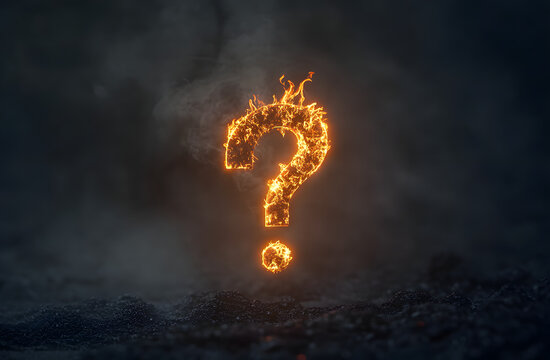 burning question marks in a dark room.