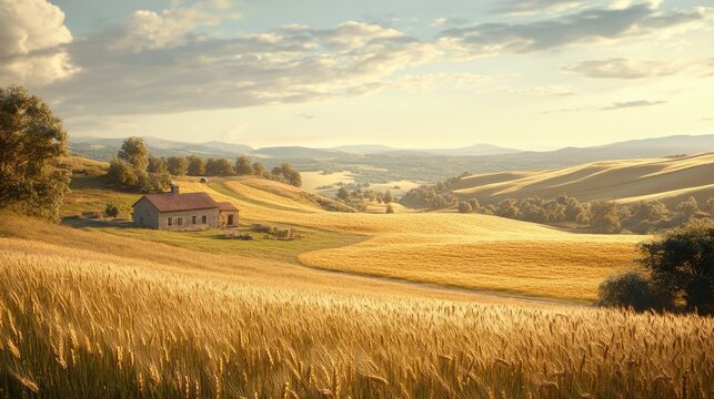 A quaint farmhouse sits nestled amidst rolling hills and golden wheat fields bathed in the warm glow of the setting sun.