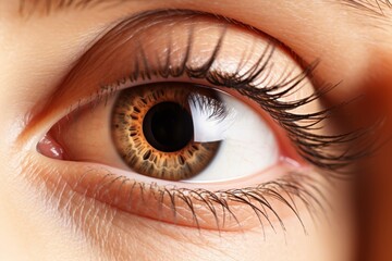 Fototapeta premium Close-up of a Beautiful Brown Eye with Long Lashes, Showcasing Intricate Iris Detail.