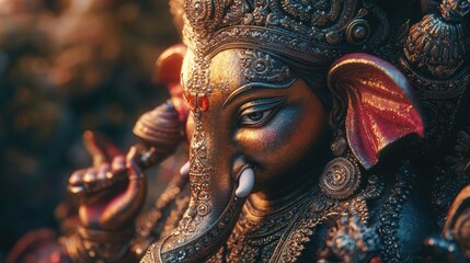 Fototapeta premium Close-up of a richly decorated Hindu deity statue, capturing intricate details and a sense of reverence.