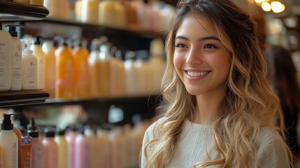 Hispanic female cosmetics consultant assists customers in vibrant store during the afternoon