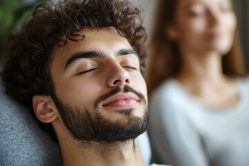 Fototapeta premium a psychologist using calming techniques to help a stressed client.