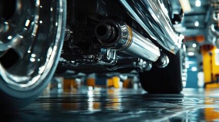Fototapeta premium Close-up shot of a car's exhaust pipe, showcasing the sleek design and polished finish. The background is blurred, highlighting the focus on the car's mechanics.