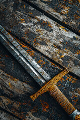 Obraz premium Vertical War symbol. Medieval knight sword on dirty wooden surface.