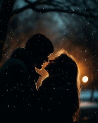 Obraz premium Silhouette, Love, Snowfall. Romantic Couple Embracing Under Winter Sky with Streetlight