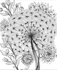Intricate Mandala Dandelion Line Art Without Background