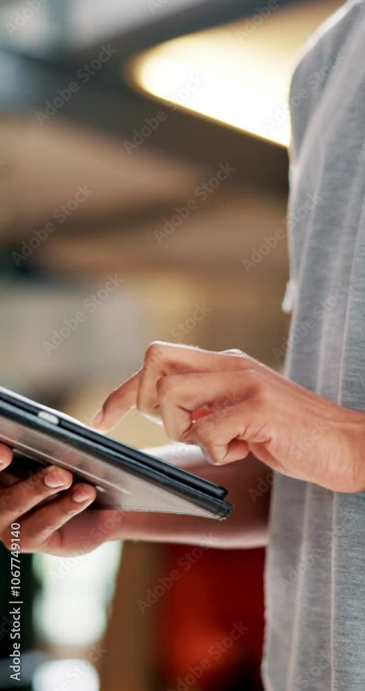 Aufkleber student, hands and typing on tablet at college for online research, writing email and checking exam 