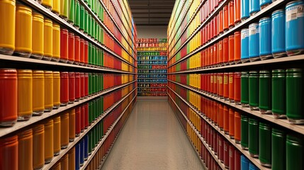 Fototapeta premium A vibrant aisle lined with colorful cans on shelves, creating a striking visual of organization and variety.