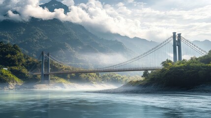 A suspension bridge stretches across a river, with lush green mountains in the background.