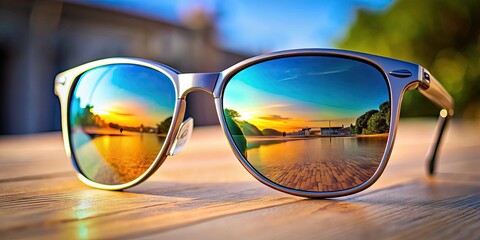 Close-up of stylish sunglasses with reflective lenses, fashion, accessory, eyewear, trendy, mirrored, reflection, UV protection