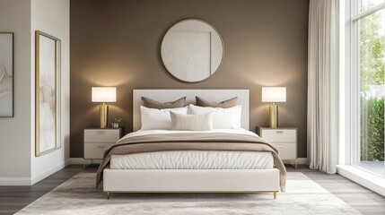 Modern Bedroom Interior Design with White Bed and Brown Walls