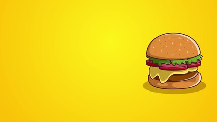 Burger, cheese hamburger cartoon animation on yellow background
