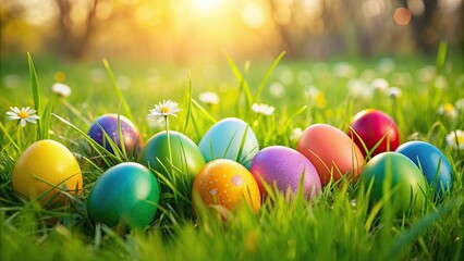 Colorful Easter eggs hidden in lush green grass field, Easter, eggs, grass, field, hidden, colorful, vibrant, spring
